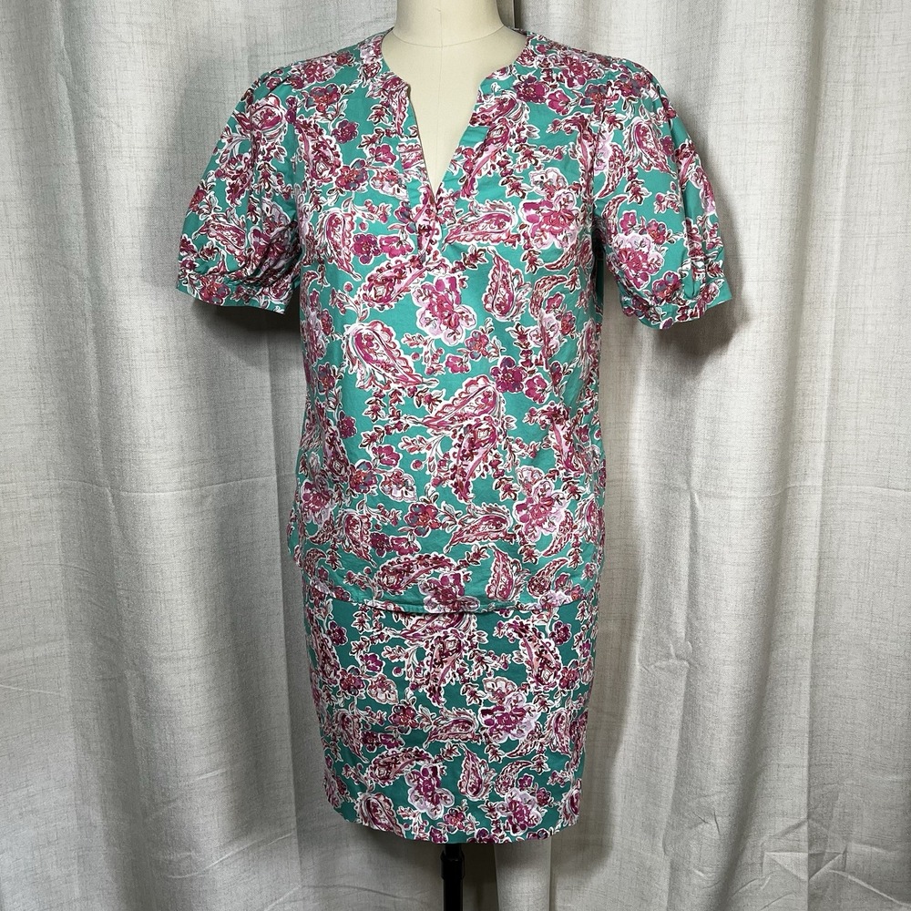 J Crew Pencil Skirt Shirt Blouse Set Paisley Teal Pink Suit Women's Size Small